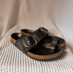 Birkenstock Miramar Black Leather Big Buckle Sandals with Toe Loop